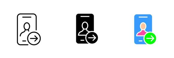 Phone with man and arrow. Dating app, website, meet, person, communication, chat, social network. set icon in line, black and colorful styles isolated on white background vector