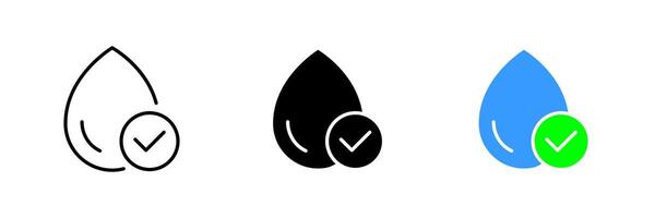 Waterdrop with a checkmark. Tick, approve, approval, research, pure water quality analysis, chemistry, humidification. set icon in line, black and colorful styles isolated on white background vector
