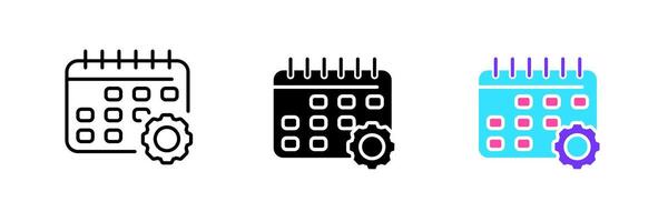 Gear with calendar. Settings, appointment, meeting, scheduling, schedule, time management. set icon in line, black and colorful styles isolated on white background vector