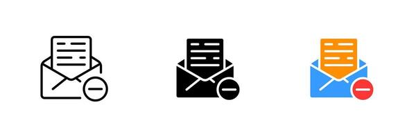 Letter with ban sign. Deny, ban, delete, reject, cancel, envelope, file management, message, communication. set icon in line, black and colorful styles isolated on white background vector