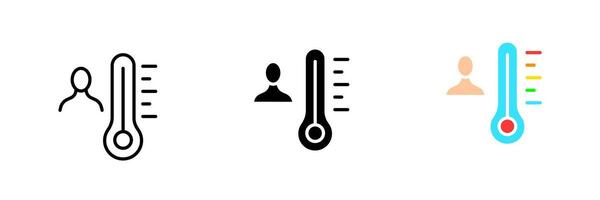 Man with a thermometer. Measure temperature, heat, cold, body temperature, Celsius, air. set icon in line, black and colorful styles isolated on white background vector