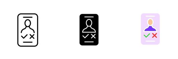 Phone with man, cross and tick. Dating app, website, application, date, love, online communication, social network. set icon in line, black and colorful styles isolated on white background vector