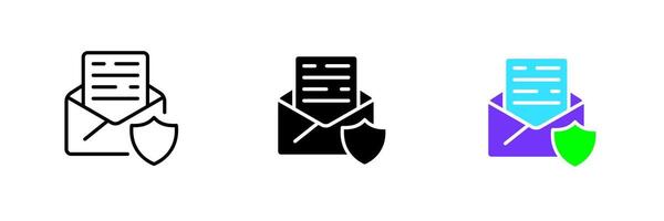 Letter with a shield. Secret correspondence, message, mail, personal data protection, personal information, privacy. set icon in line, black and colorful styles isolated on white background vector