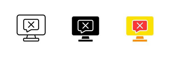 Computer with speech bubble and cross. Deny, reject, cancel, ban, communication, consultation, online. set icon in line, black and colorful styles isolated on white background vector