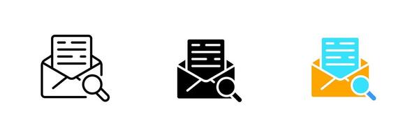 Letter with magnifier. Envelope, message, mail, send, communication, magnifying glass, resume, cv, research. set icon in line, black and colorful styles isolated on white background vector