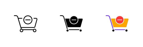 Shopping cart with ban sign. Remove, delete from cart, cancel, prohibit, purchase, buy, shopping. set icon in line, black and colorful styles isolated on white background vector