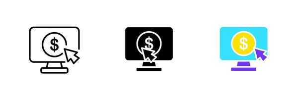 Computer with dollar sign and cursor. Cent, money, online banking, bank app, financial management, payment. set icon in line, black and colorful styles isolated on white background vector