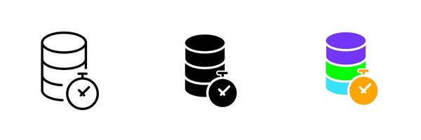 Database with a stopwatch. Timer, clock, data storage, time to pay taxes, information, infographics. set icon in line, black and colorful styles isolated on white background vector