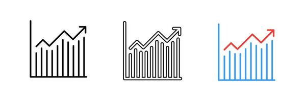 Growing statistics. Graph with arrow up, bar chart, diagram, presentation, data analysis, analytics, strategy. set icon in line, black and colorful styles isolated on white background vector