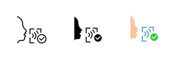 Voice recognition. Biometry, biometrics, identity verification, scan, checkmark, tick, successfully recognized. set icon in line, black and colorful styles isolated on white background vector