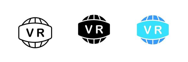 Planet with VR helmet. Globe, metaverse, virtual reality, augmented, artificial intelligence, cyberspace. set icon in line, black and colorful styles isolated on white background vector
