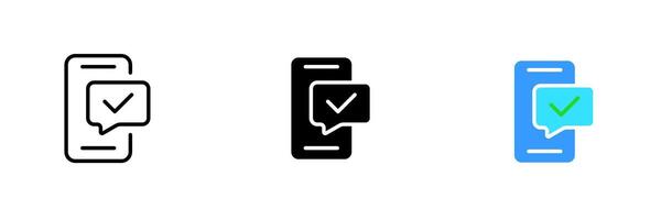 Phone and speech bubble with checkmark. Message, notification, approval, agree, agreement, identity verification. set icon in line, black and colorful styles isolated on white background vector