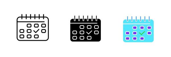 Calendar with a tick. Checkmark, check mark, appointment, time management, meeting, planning. set icon in line, black and colorful styles isolated on white background vector