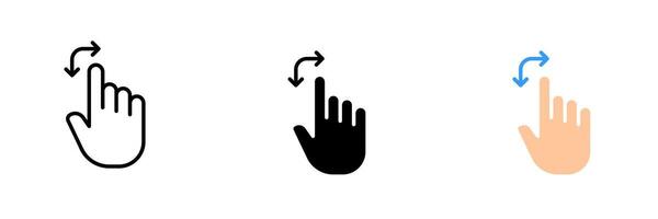 Hand with double arrow. Control gestures, touch screen, settings, swipe, tap, click, scroll. set icon in line, black and colorful styles isolated on white background vector