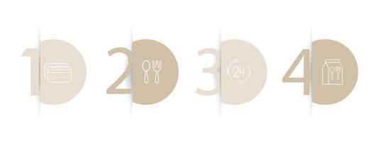 Set of icons representing fast food delivery. Quick, convenient, food delivery, icons, set, restaurant. Pastel color background. line icon vector