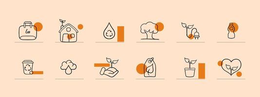 Set of eco-friendly energy icons representing renewable energy sources such as solar power, wind power, hydroelectricity. Pastel color background. line icon vector