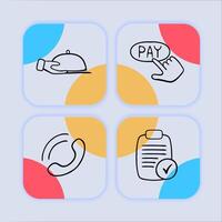 Collection of food delivery icons representing the convenient and fast delivery of meals and food items. Pastel color background. line icon vector