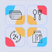 Collection of food delivery icons representing the convenient and fast delivery of meals and food items. Pastel color background. line icon vector