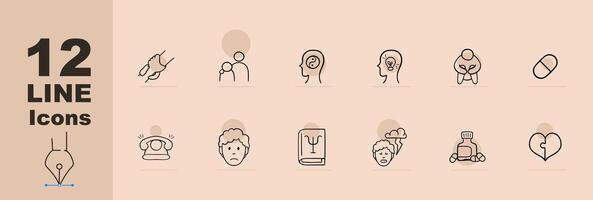 Set of icons representing depression and mental health. Awareness, support, mental health. Pastel color background. line icon vector