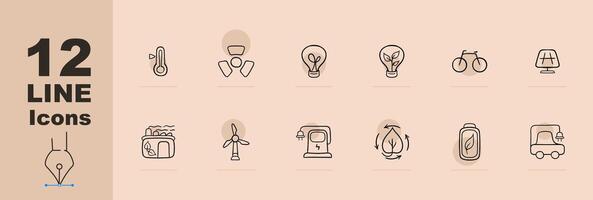 Set of eco-friendly energy icons representing renewable energy sources such as solar power, wind power, hydroelectricity. Pastel color background. line icon vector