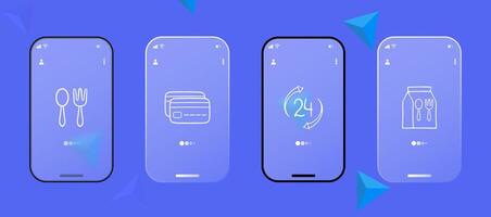 Set of icons representing fast food delivery. Quick, convenient, food delivery, icons, set, restaurant. Glassmorphism style. Ui phone app vector