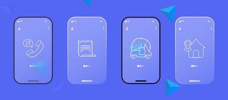 Collection of delivery icons illustrating various aspects of product shipping and delivery. Efficient, reliable, fast. Glassmorphism style. Ui phone app vector
