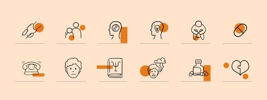 Set of icons representing depression and mental health. Awareness, support, mental health. Pastel color background. line icon vector
