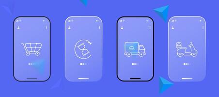 Set of icons representing fast food delivery. Quick, convenient, food delivery, icons, set, restaurant. Glassmorphism style. Ui phone app vector