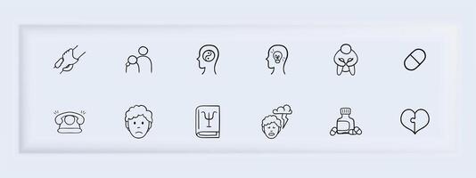 Set of icons representing depression and mental health. Awareness, support, mental health. Neomorphism style. line icon vector