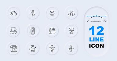 Set of eco-friendly energy icons representing renewable energy sources such as solar power, wind power, hydroelectricity. Pastel color background. 12 line vector