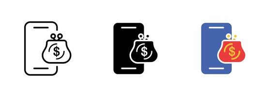A smartphone with a wallet icon, representing mobile payments and digital banking. set of icons in line, black and colorful styles isolated. vector