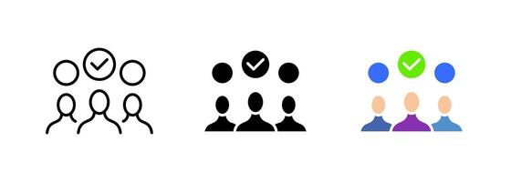 The image depicts a group of people, possibly in a meeting or conference, each holding a checkmark symbol in their hands. set of icons in line, black and colorful styles isolated. vector