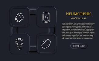 Set of icons representing menstruation and feminine hygiene. Empowering, menstrual cycle, women's health. Neomorphism style. line icon vector