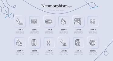 Set of voting icons representing the democratic process and participation in elections. Neomorphism style. line icon vector