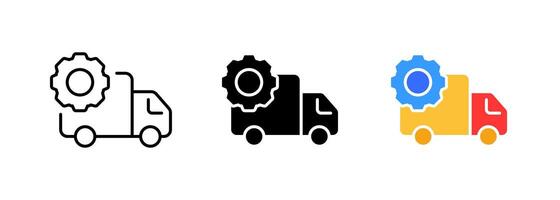 A delivery van with the icon of a gear, representing a company's logistics and transportation operations. set of icons in line, black and colorful styles isolated. vector