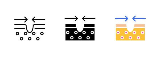 Skin hydration refers to the process of moisturizing and replenishing the skin's natural moisture levels. set of icons in line, black and colorful styles isolated. vector