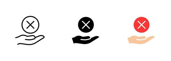 Hand with a cross icon, which may represent the action of stopping or cancelling something. set of icons in line, black and colorful styles isolated. vector
