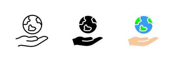 Hand with a planet icon, which may represent the concept of protecting or caring for the planet. set of icons in line, black and colorful styles isolated. vector