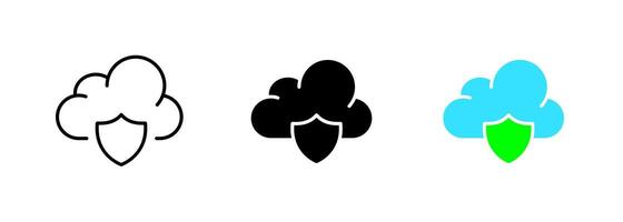 An icon of a cloud with a checkmark, representing completion or success in a cloud computing or data storage context. set of icons in line, black and colorful styles isolated. vector