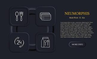 Collection of food delivery icons representing the convenient and fast delivery of meals and food items. Neomorphism style. line icon vector