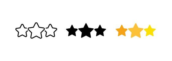 Rating of three stars, which may represent an average or moderate level of satisfaction or approval. set of icons in line, black and colorful styles isolated. vector