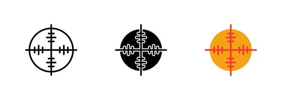 An icon of a crosshair or targeting reticle used to aim at a target in shooting or hunting games. set of icons in line, black and colorful styles isolated. vector