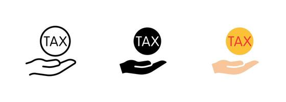 The image shows a hand holding a tax icon, which could represent paying taxes or filing tax returns. set of icons in line, black and colorful styles isolated. vector