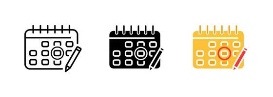 Calendar with a pencil icon, which may represent scheduling, planning, or the act of writing down important dates or events. set of icons in line, black and colorful styles isolated. vector