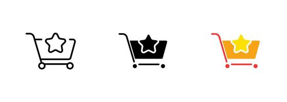 A grocery cart or shopping cart with a star symbol, often used to indicate a special or discounted item that is available for purchase. set of icons in line, black and colorful styles isolated. vector