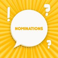Nominations banner. Speech bubble with Nominations text. Business concept. 3d illustration. Pop art style. line icon for Business and Advertising. vector