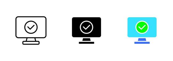 Computer monitor with a green checkmark, which may represent the concept of completion, success, or approval. set of icons in line, black and colorful styles isolated. vector