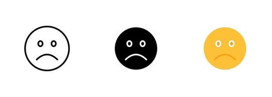 Sad emoji, with downturned eyebrows and a frown, expressing feelings of sadness or disappointment. set of icons in line, black and colorful styles isolated. vector