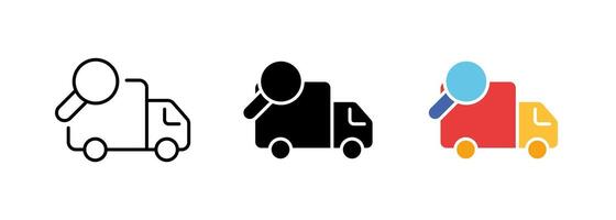 Delivery van with a magnifying glass icon, which may represent the concept of tracking or searching for a package. set of icons in line, black and colorful styles isolated. vector