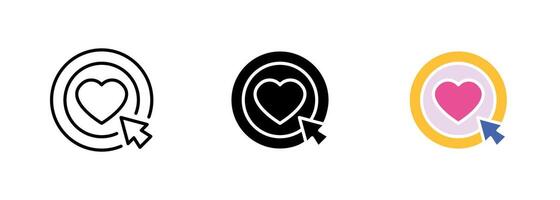 A red heart-shaped target with crosshairs centered on it, representing the focus and precision required when aiming for the heart. set of icons in line, black and colorful styles isolated. vector